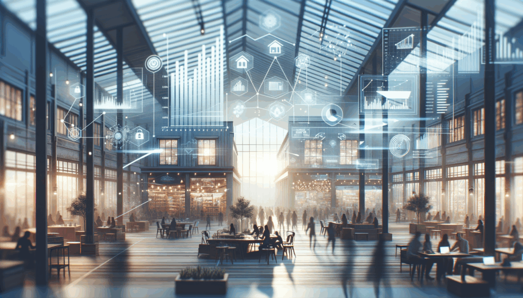 Illustrasjonsbilde, innsiden av et bygg hvor salg av firma/bedrifter foregår. I luften demonstreres det kommunikasjoner av diagrammer og tall