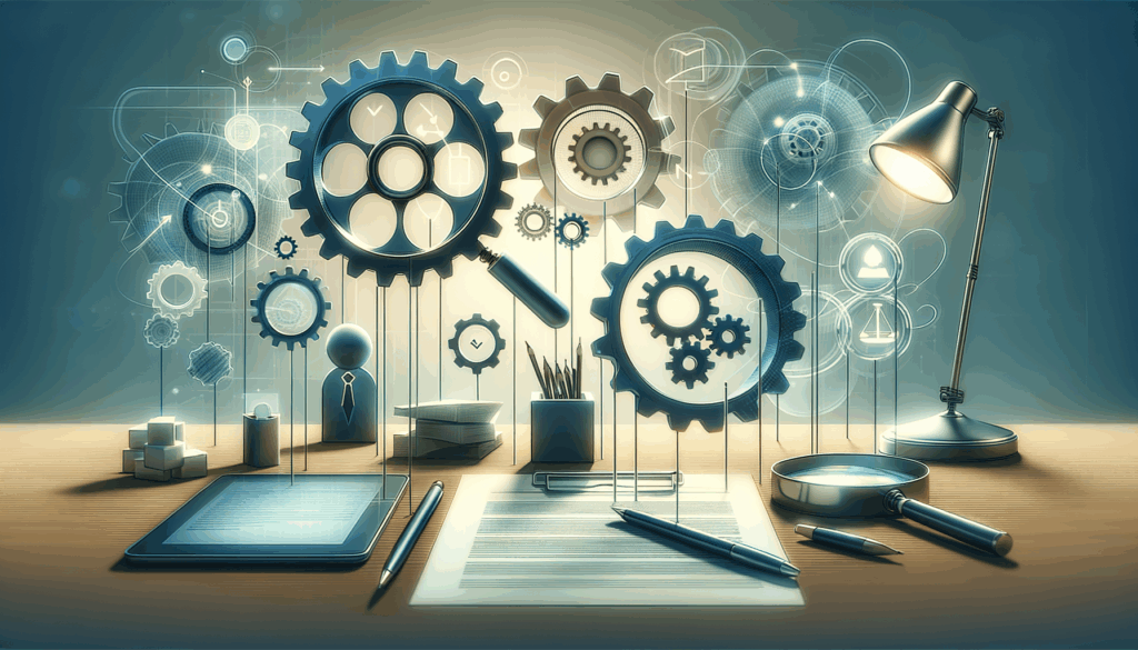 Illustrasjon av hjul som tikker som demonstrerer tanker som går, over en pult en arbeider notater på