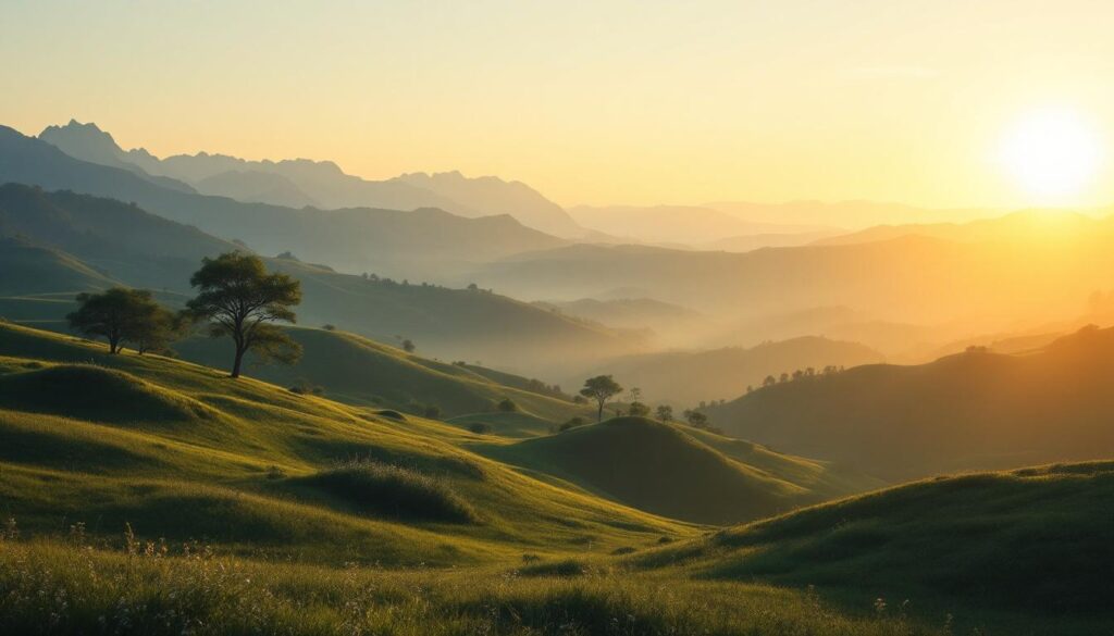 A photograph of a serene landscape at dawn