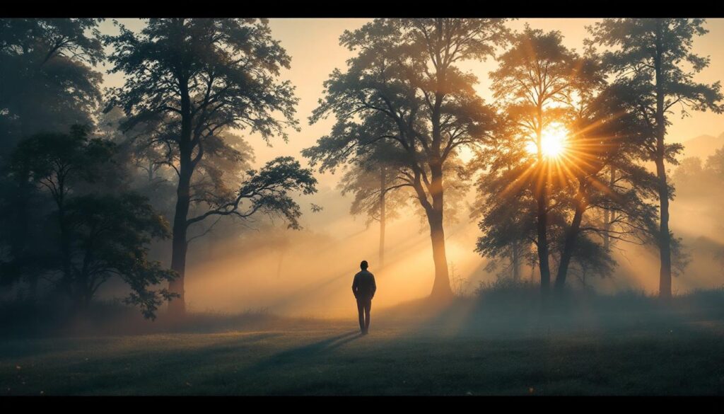 A photograph of a serene landscape at dawn