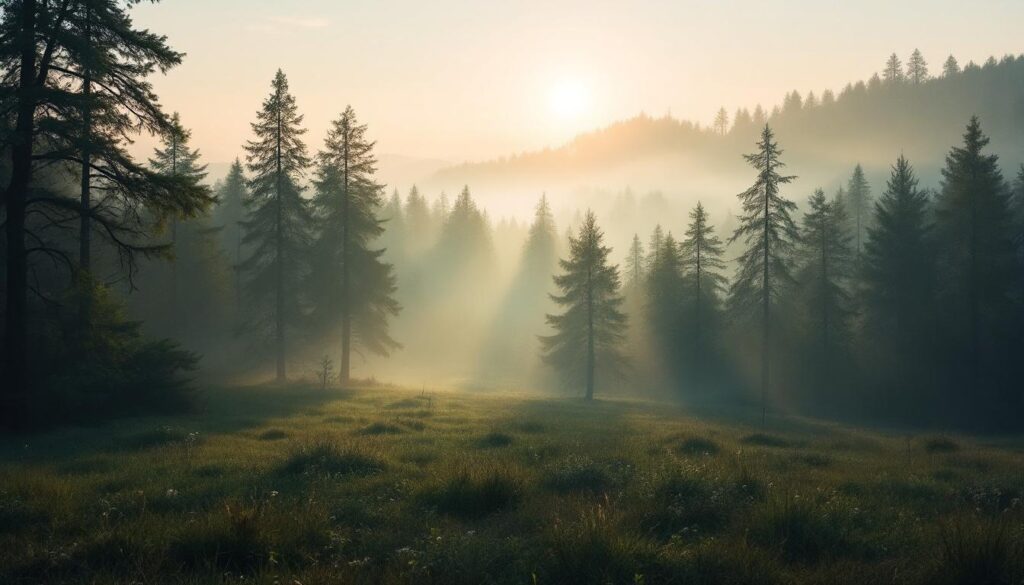 A photograph of a serene landscape at dawn