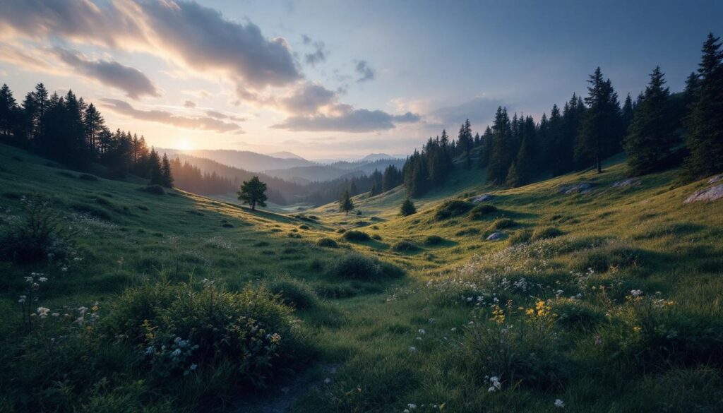 A photograph of a serene landscape that evokes a sense of mystery and intrigue