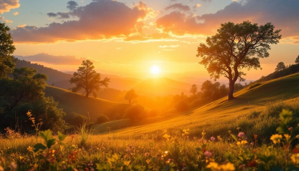 A photograph of a serene landscape at sunrise