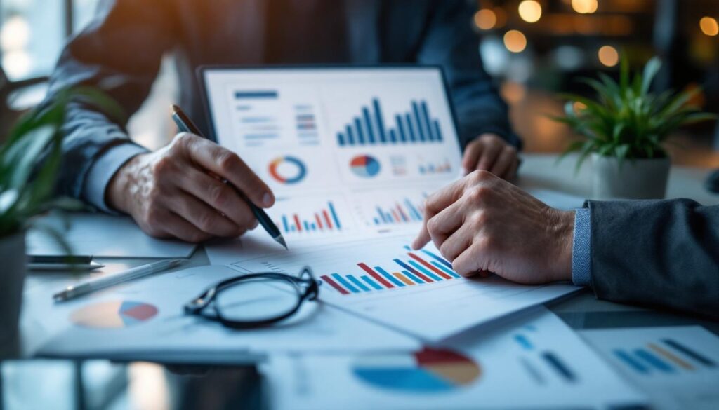 A photograph of a business professional analyzing financial graphs and charts in a modern office setting