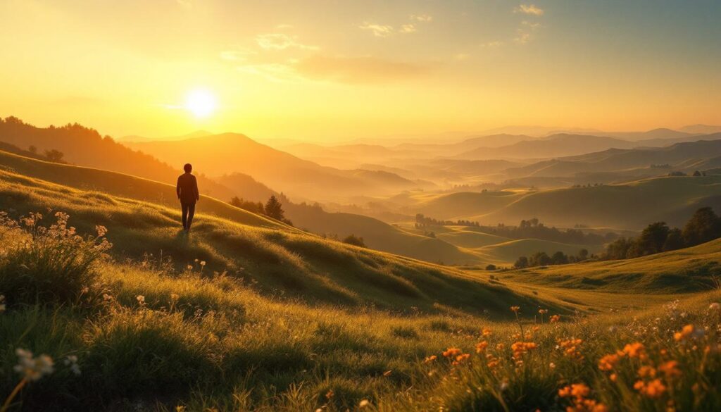 A photograph of a serene landscape at dawn