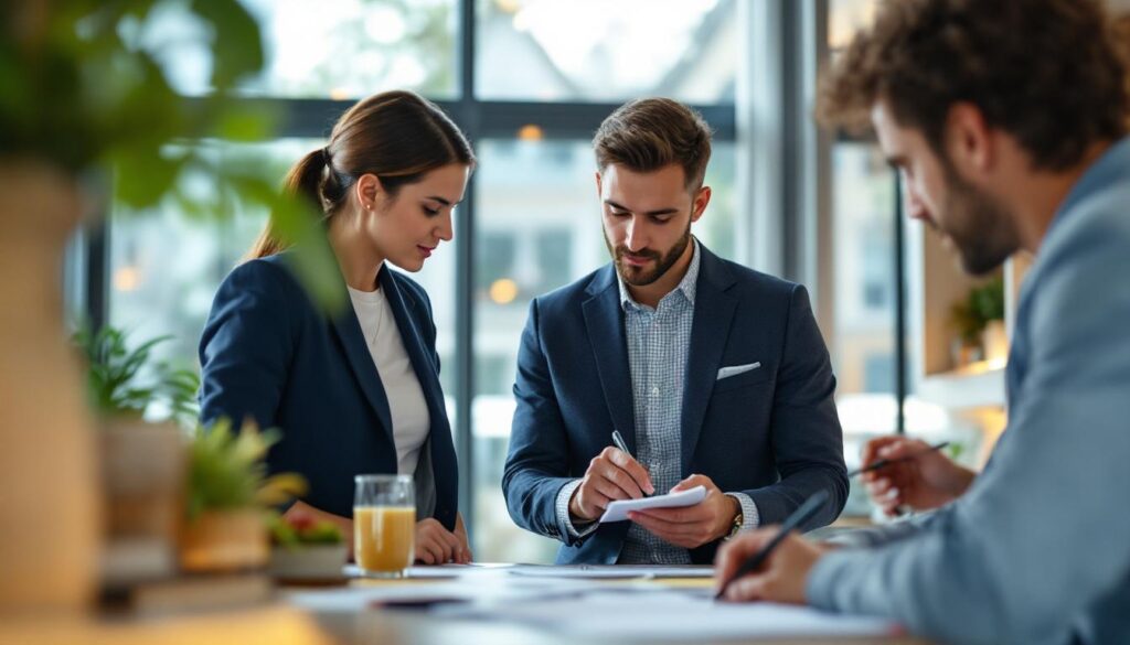 A photograph of a professional setting where a real estate agent is conducting a property valuation