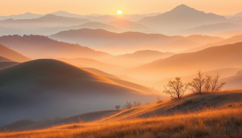 A photograph of a serene landscape at dawn