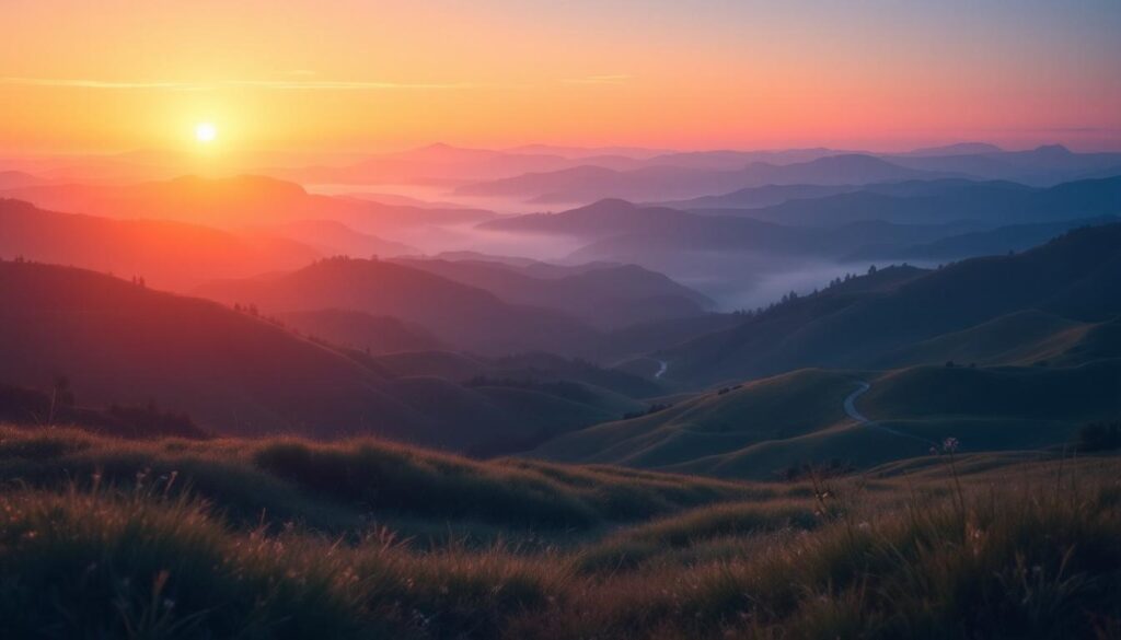 A photograph of a serene landscape at sunrise