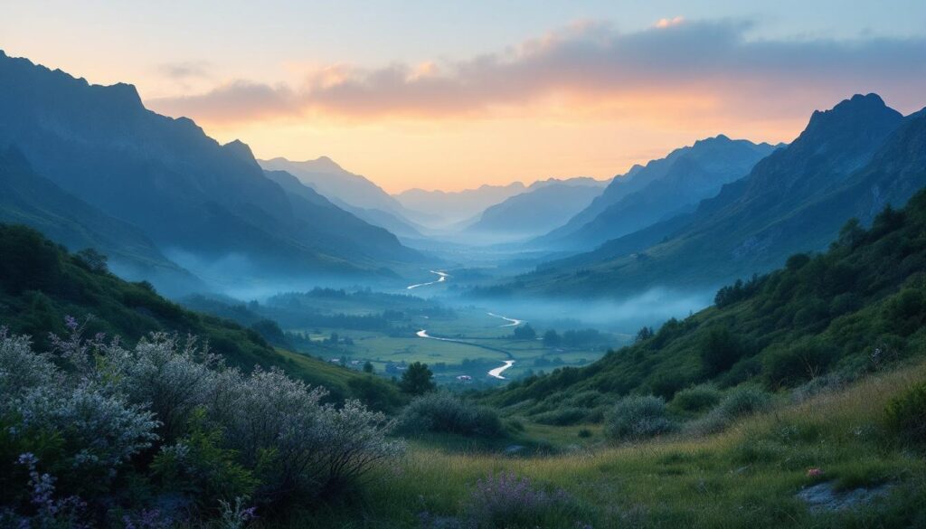 A photograph of a serene and captivating landscape that evokes a sense of mystery and intrigue