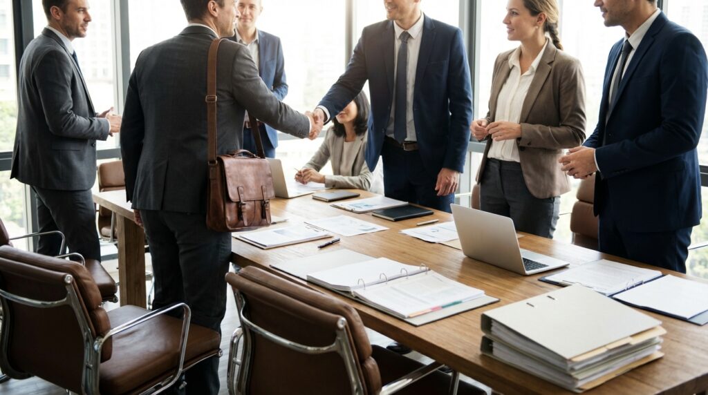 Et møterom fylt av mennesker. Et par tar hverandre i hendene og håndhilser, andre rundt snakker og diskuterer rundt bordet i rommet.