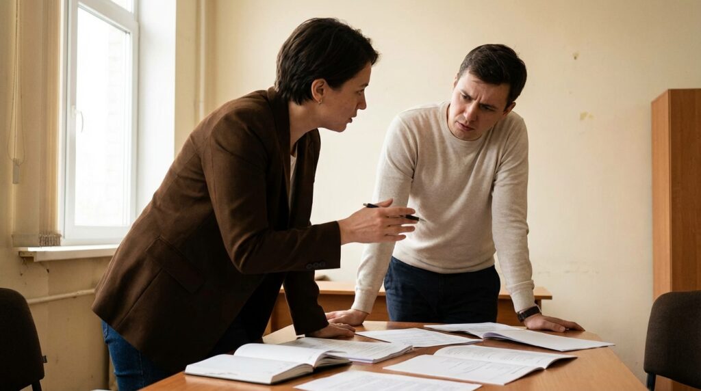 To personer diskuterer inne på et møterom fylt med dokumenter om salg av en bedrift