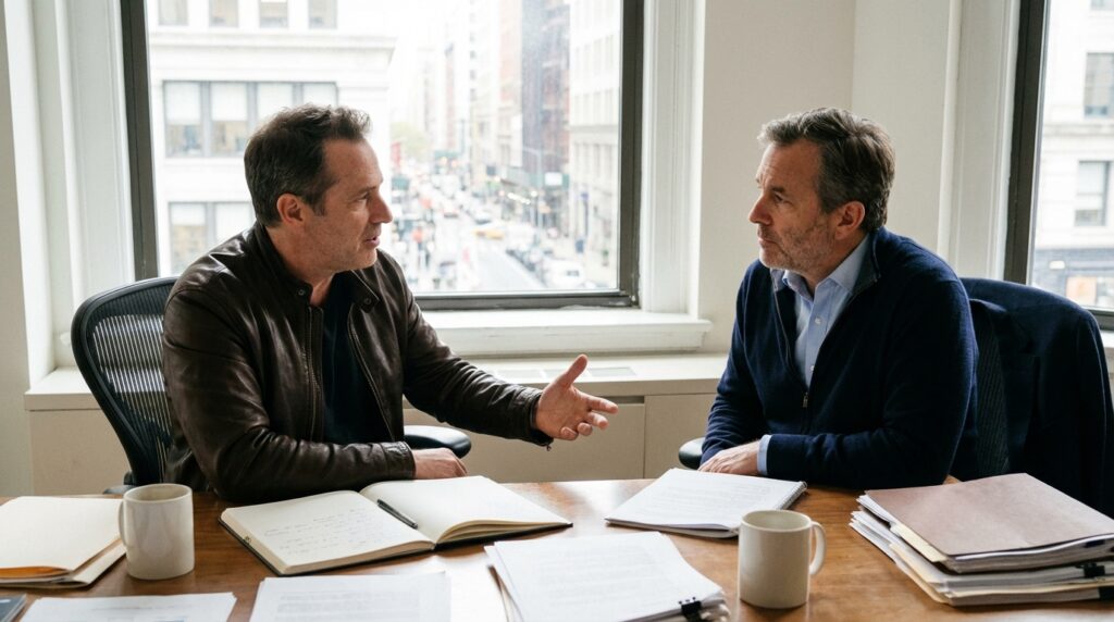 To personer diskuterer på et kontor om det lønner seg å ta i bruk en rådgiver ved salg av bedrift.