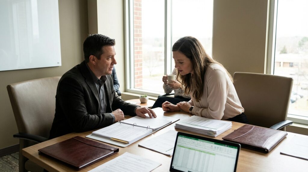 To personer i et møterom diskuterer due-diligence.