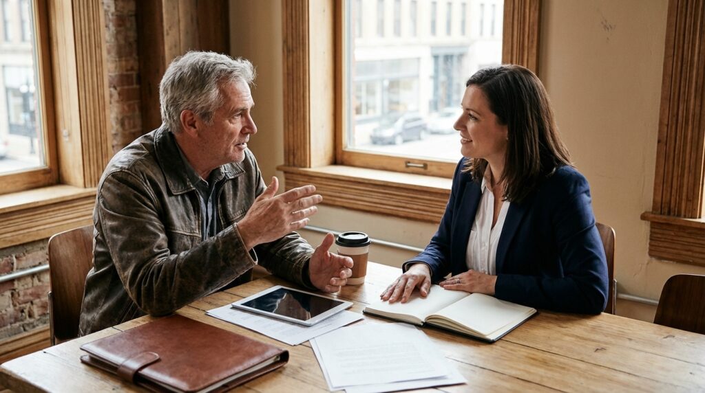 To personer snakker og diskuterer om hverandre, når det skulle lønt seg, å selge bedriften.
