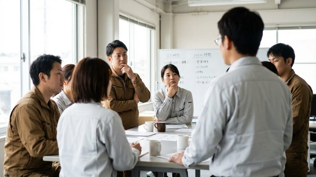 Daglig leder tar oppgjøret og kunngjør nyheten til ansatte om at det har foregått salg av bedriften deres, og om veien videre.