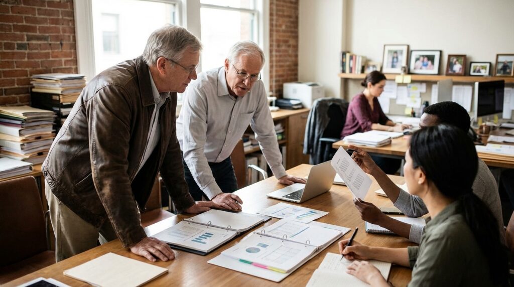 Ansatte og kolleger diskuterer over et møtet risikoen for due-diligence ved salg av bedrift.