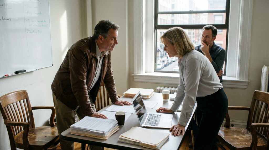 To personer på et kontor fylt med dokumenter har et opphetet samtale og diskusjon om salget av et selskap.