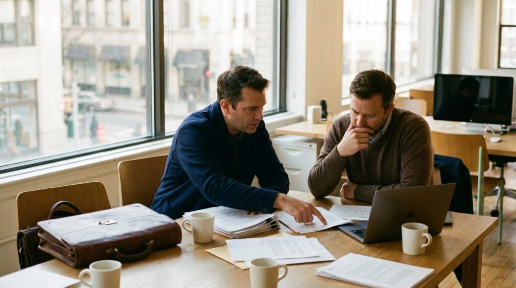To personer som diskuterer på sitteplassen om prising og verdi av selskap, med dokumenter på bordet.