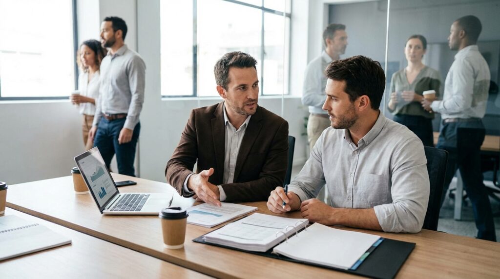 To personer sitter ved et bord på et kontor og diskuterer verdsetting av bedrift og salg av bedrift. Flere dokumenter ligger på bordet og vedkommene har som mål om å komme i enighet.
