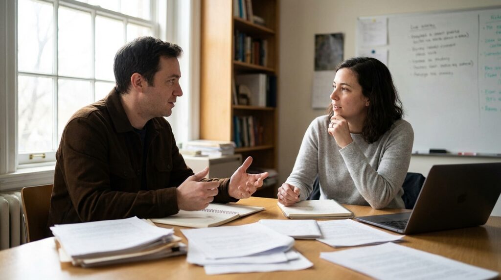 To personer på et møterom tar diskusjonen om de bør selge hele eller deler av selskapet.