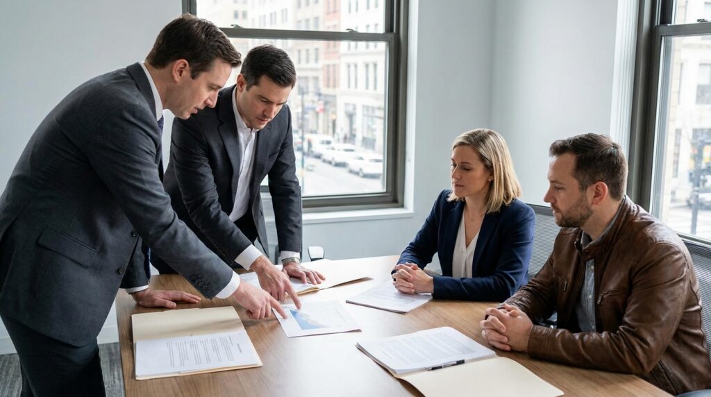 Fire personer inne på et møterom fylt med dokumenter og mapper hvor det diskuteres og strategi og finsans knyttet til salg av bedrifter.