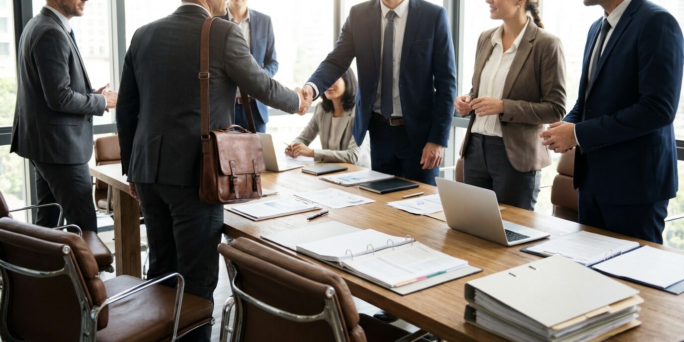 Et møterom fylt av mennesker. Et par tar hverandre i hendene og håndhilser, andre rundt snakker og diskuterer rundt bordet i rommet.