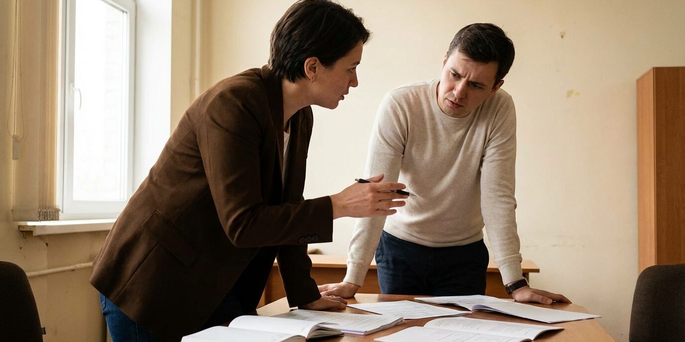 To personer diskuterer inne på et møterom fylt med dokumenter om salg av en bedrift