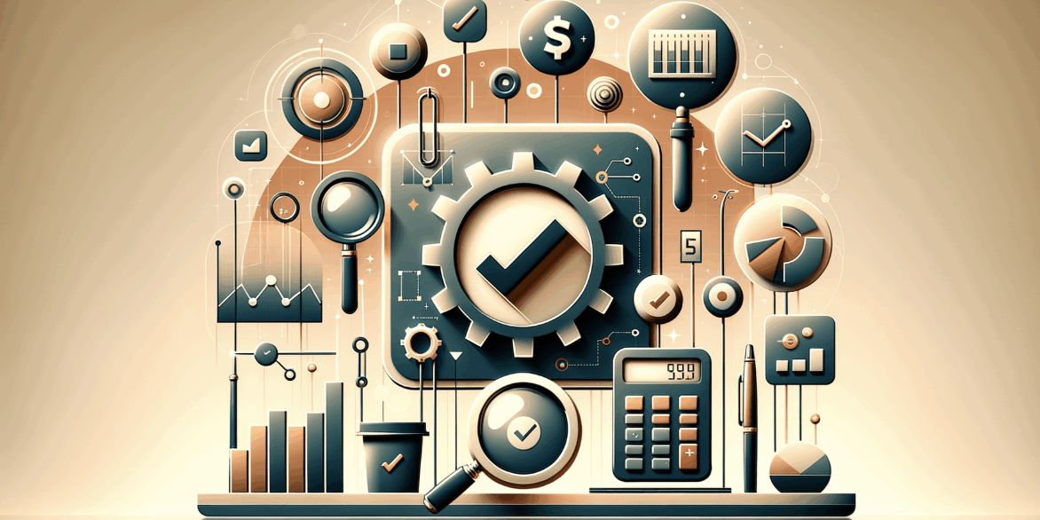 Illustrasjon av strukturert M&A-forberedelse: sjekkmerke i tannhjul, grafer, forstørrelsesglass, kalkulator og ikoner for kontroll.