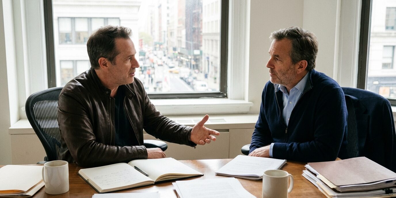 To personer diskuterer på et kontor om det lønner seg å ta i bruk en rådgiver ved salg av bedrift.