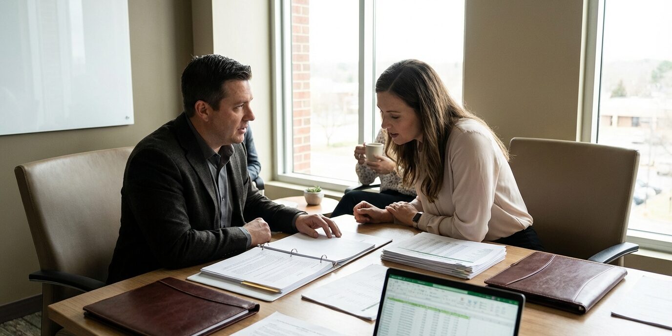 To personer i et møterom diskuterer due-diligence.