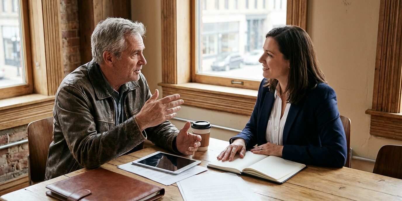 To personer snakker og diskuterer om hverandre, når det skulle lønt seg, å selge bedriften.