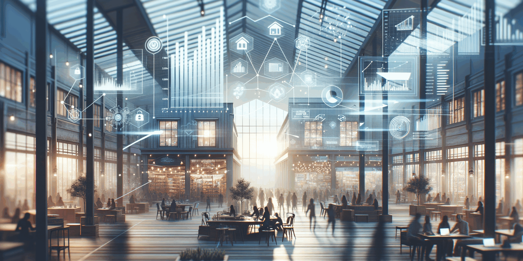 Illustrasjonsbilde, innsiden av et bygg hvor salg av firma/bedrifter foregår. I luften demonstreres det kommunikasjoner av diagrammer og tall