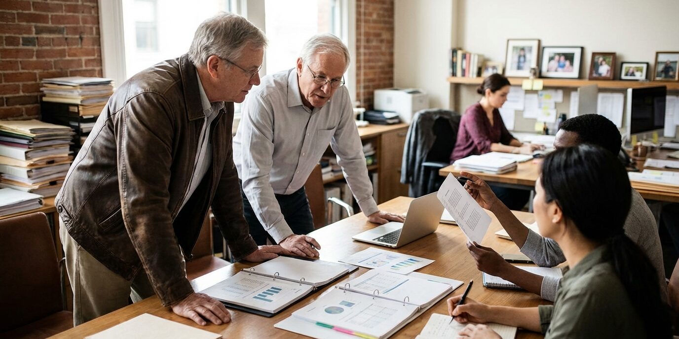 Ansatte og kolleger diskuterer over et møtet risikoen for due-diligence ved salg av bedrift.