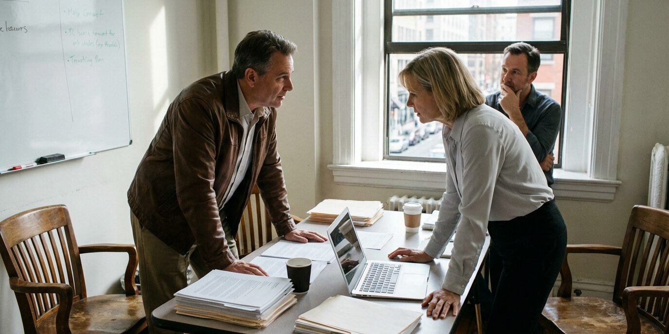 To personer på et kontor fylt med dokumenter har et opphetet samtale og diskusjon om salget av et selskap.