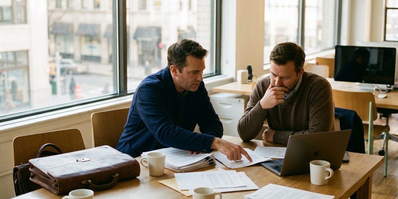 To personer som diskuterer på sitteplassen om prising og verdi av selskap, med dokumenter på bordet.