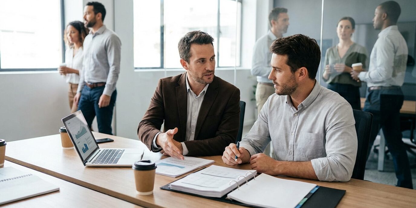 To personer sitter ved et bord på et kontor og diskuterer verdsetting av bedrift og salg av bedrift. Flere dokumenter ligger på bordet og vedkommene har som mål om å komme i enighet.