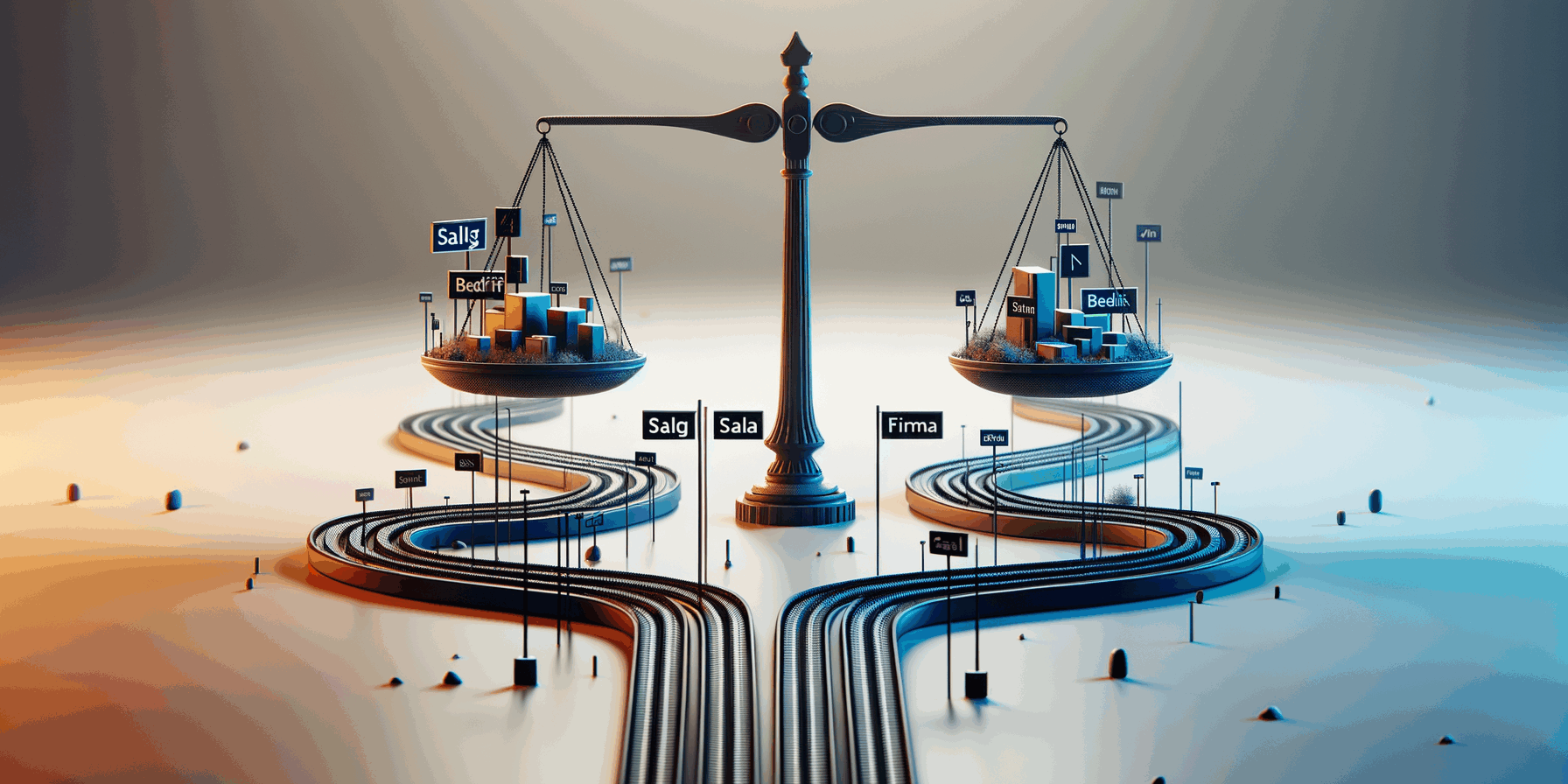 Illustrasjon av bedriftssalg som balansegang: vektskål, beslutningsveier og prosesselementer – trygg, strukturert M&A-prosess.