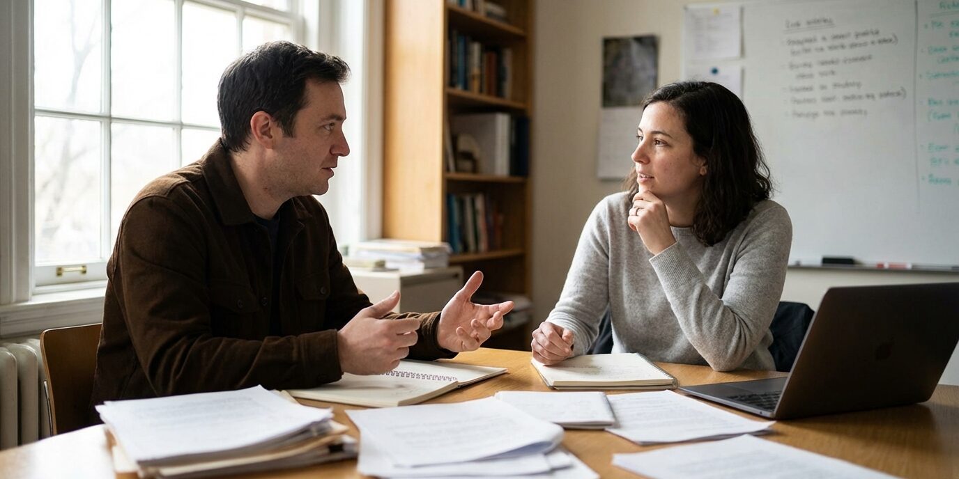 To personer på et møterom tar diskusjonen om de bør selge hele eller deler av selskapet.