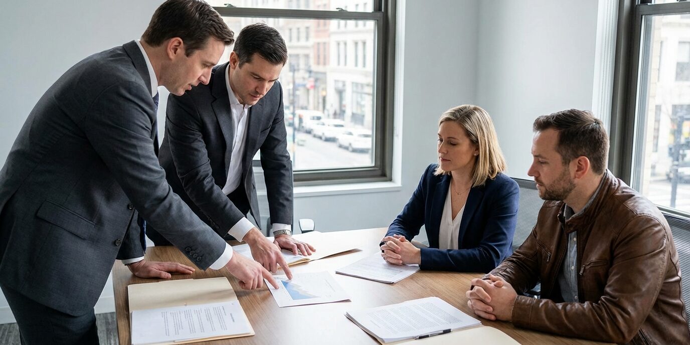 Fire personer inne på et møterom fylt med dokumenter og mapper hvor det diskuteres og strategi og finsans knyttet til salg av bedrifter.