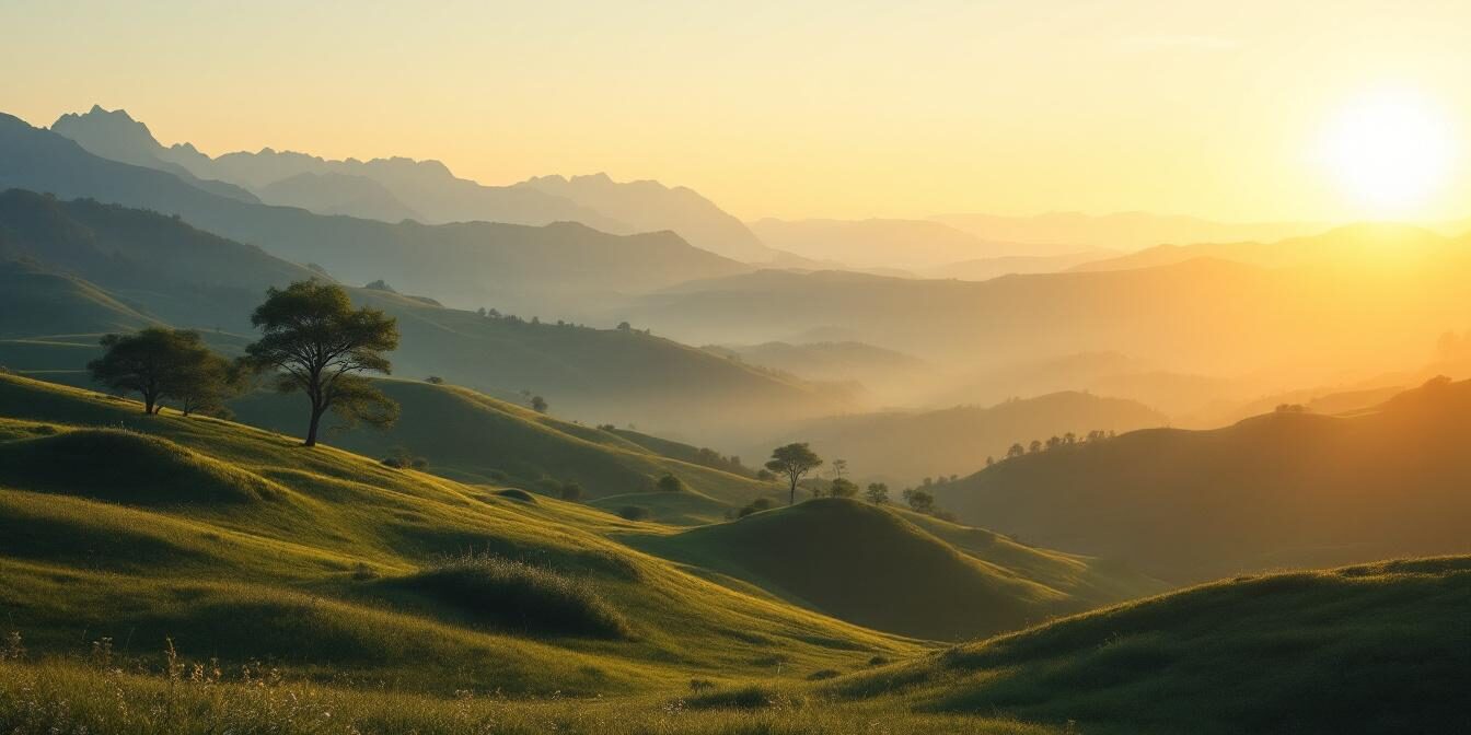 A photograph of a serene landscape at dawn