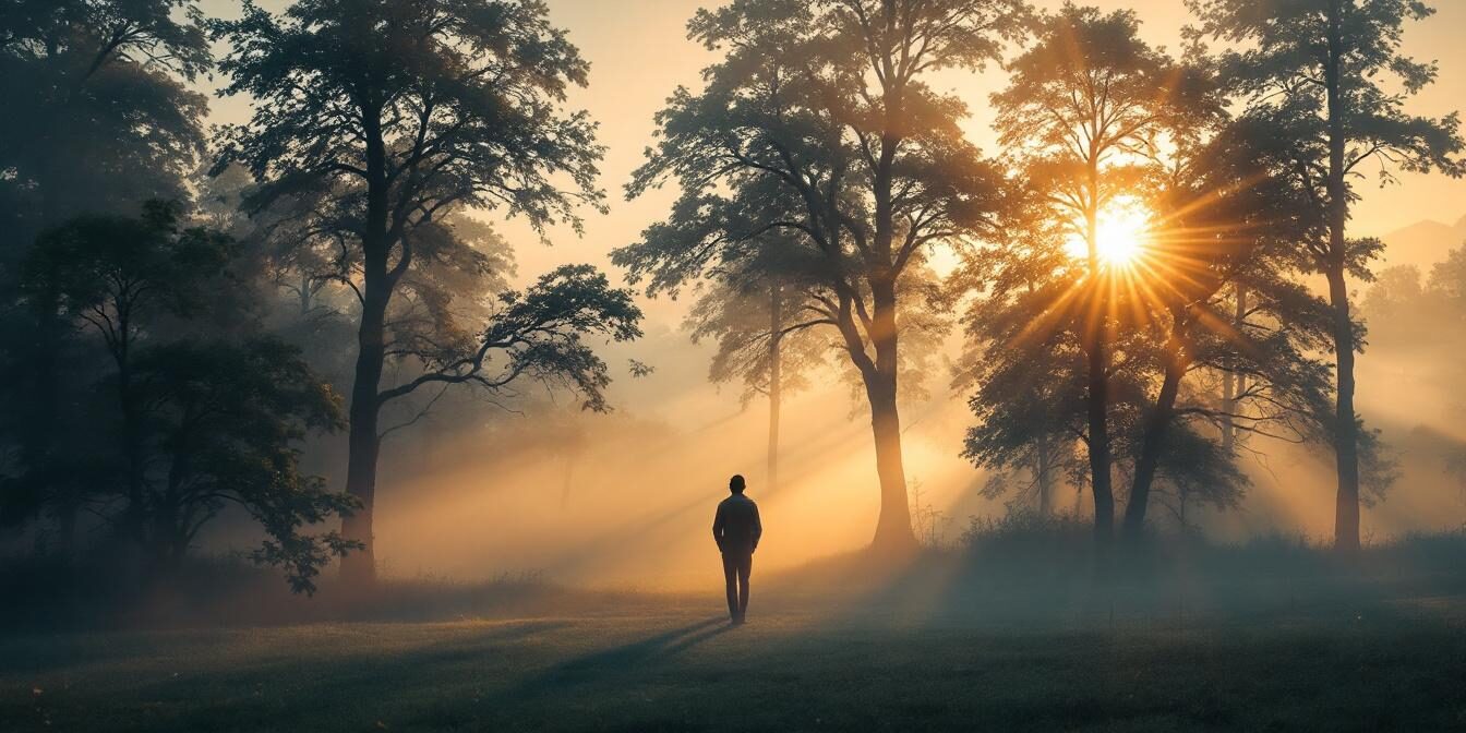 A photograph of a serene landscape at dawn