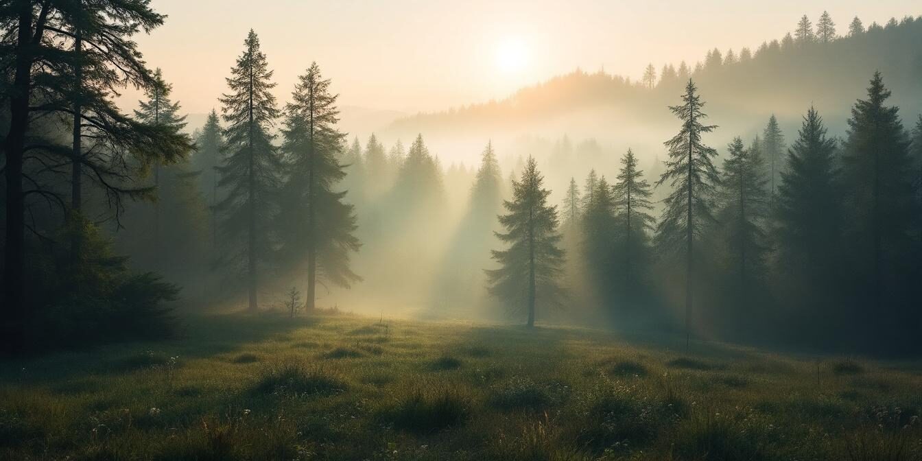 A photograph of a serene landscape at dawn