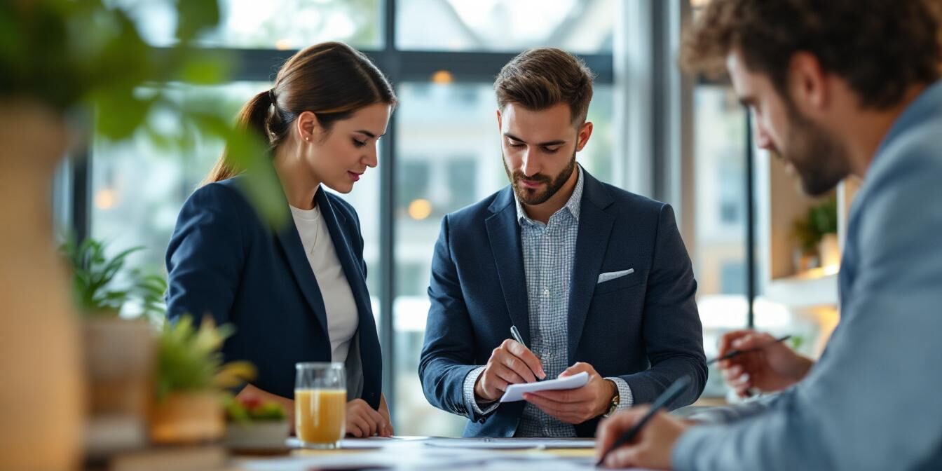 A photograph of a professional setting where a real estate agent is conducting a property valuation