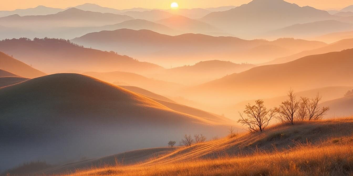 A photograph of a serene landscape at dawn