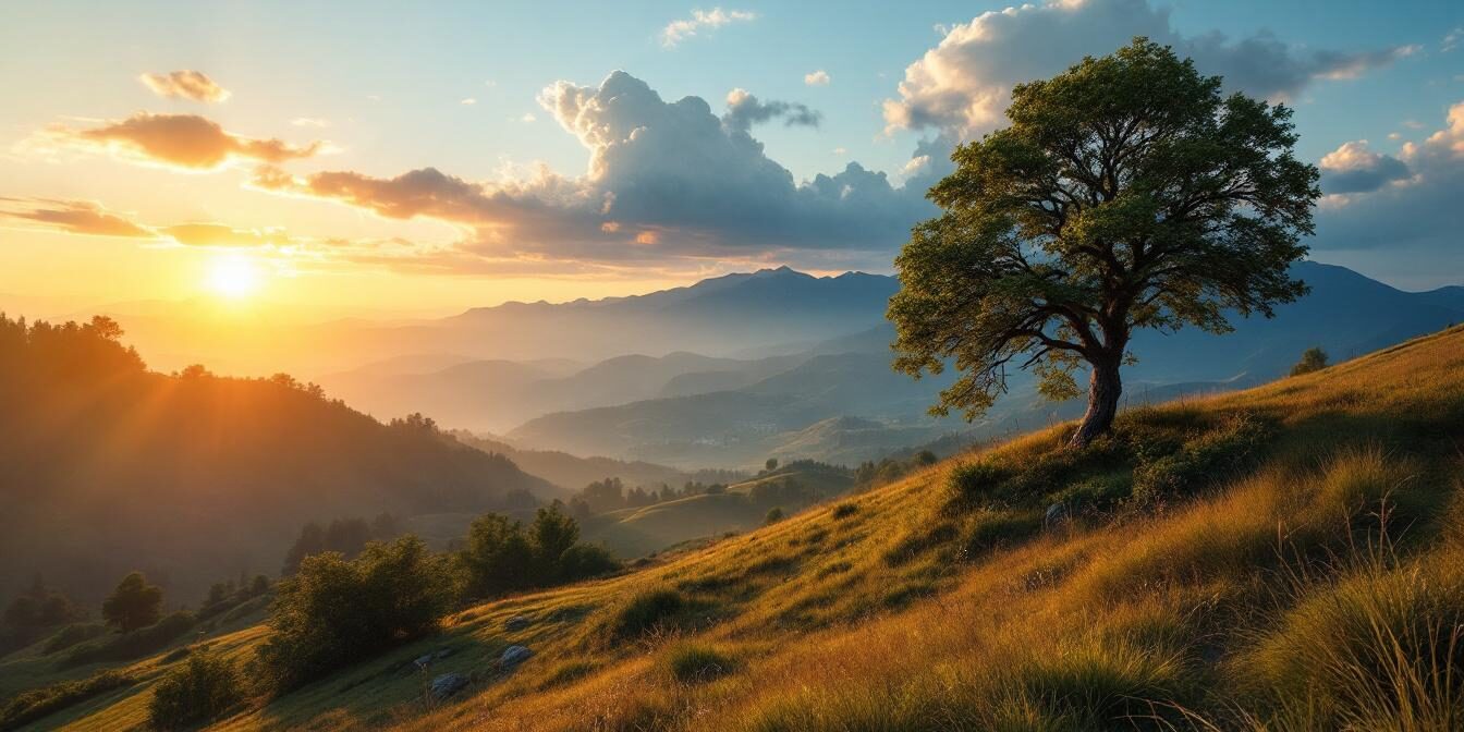 A photograph of a serene landscape at sunrise