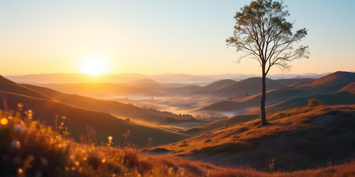 A photograph of a serene landscape at sunrise