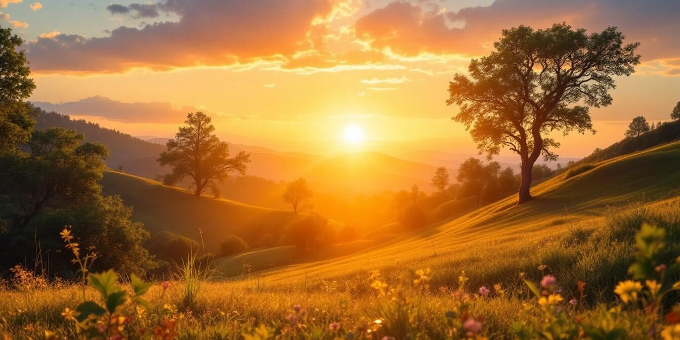 A photograph of a serene landscape at sunrise