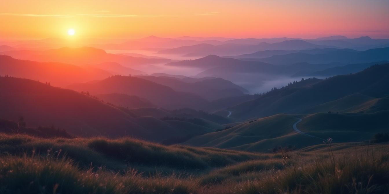 A photograph of a serene landscape at sunrise